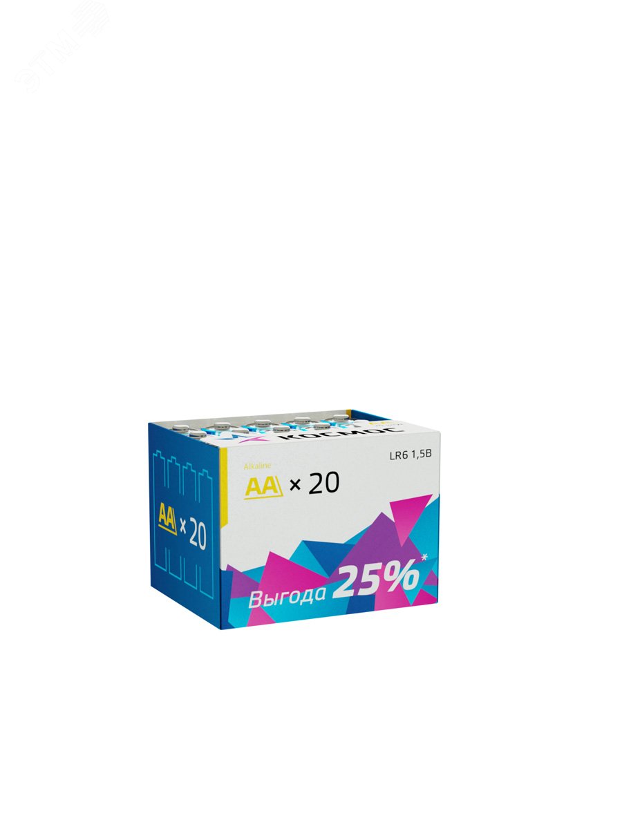 Батарейка алкалиновая пальчиковая АА LR6 упаковка 20 шт KOCLR620BOX Космос
