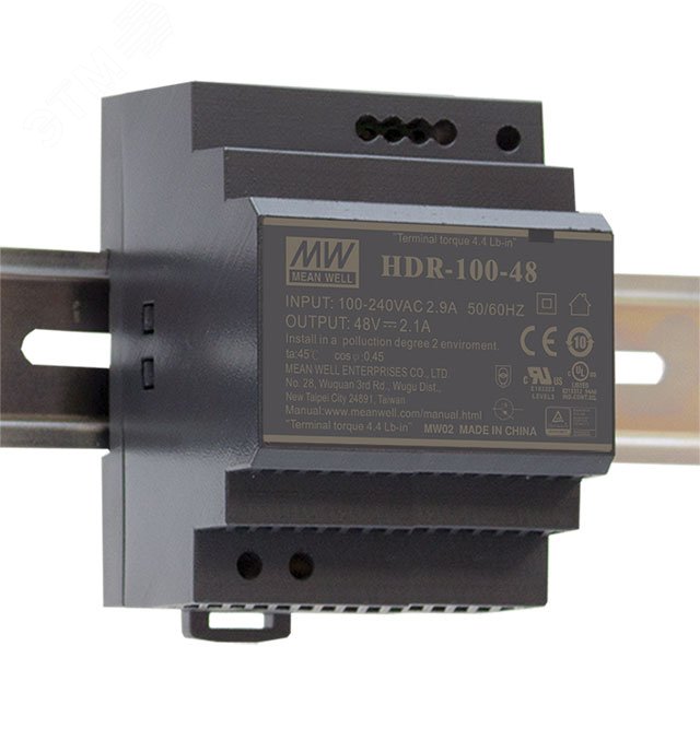 Блок питания AC-DC, 92Вт, вход 85-264 В AC 47-63Гц,120-370В DC, выход 24В,3.83А, рег. выхода 24-25.5В, в кожухе на DIN-рейку HDR-100-24 Mean Well