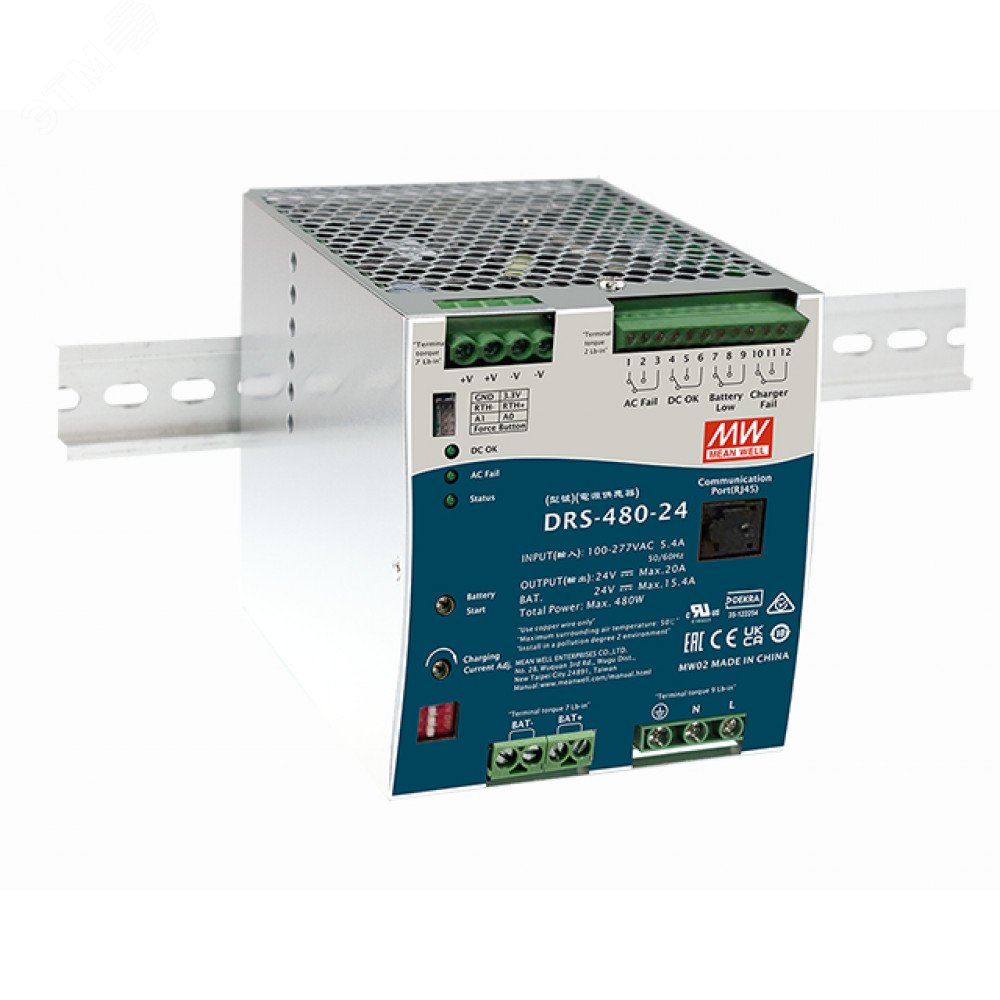 Блок питания AC-DC с функцией UPS c MODBus интерфейсом, 480Вт, вход 90-305В АС,127-431В DC, выход: 24В, выход зарядного устройства: 0-30В,0-20 А, в корпусе DRS-480-24 Mean Well